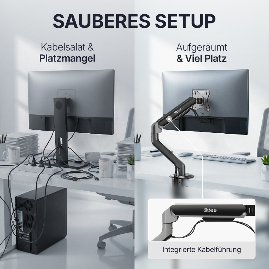 3IDEE Flexi-Lite Single Monitorarm - 1 Monitor - [13-32" / bis 9kg] - stufenlos Höhenverstellbar